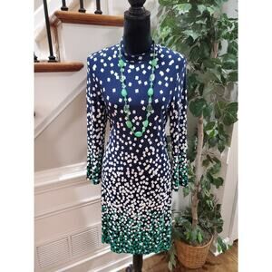 Tiana B. Women Blue & White Polyester High Neck Long Sleeve Knee Length Dress PL